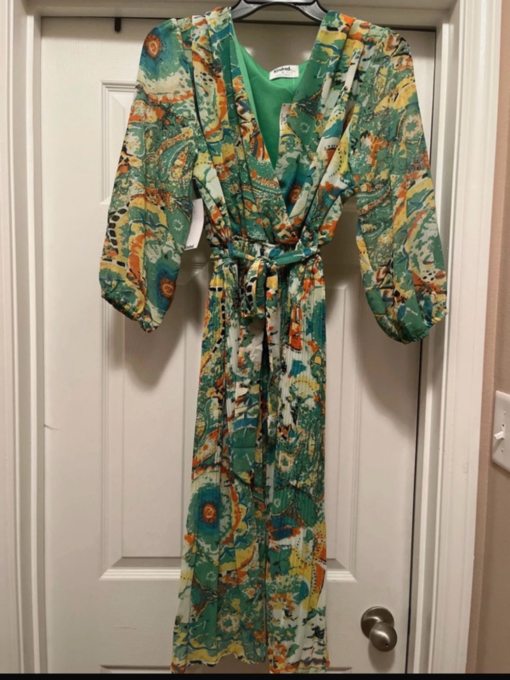Green Printed Wrap Maxi Dress with Self-Tie Belt